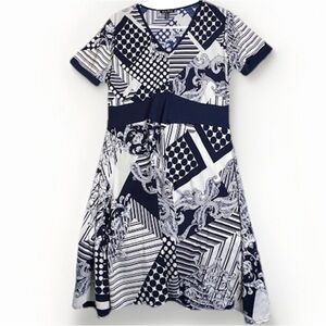 Marble Navy Geometric Patchwork Design Navy Shift Dress Lightweight Breezy Sz M